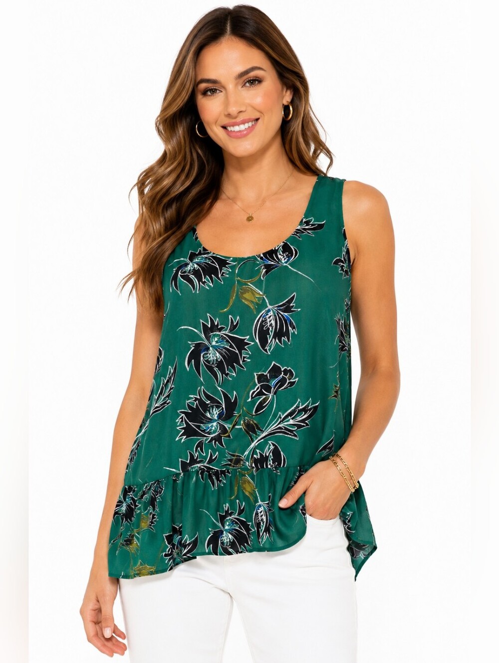 Cabi Green Floral Sleeveless Blouse Ruffle Hem Size M
